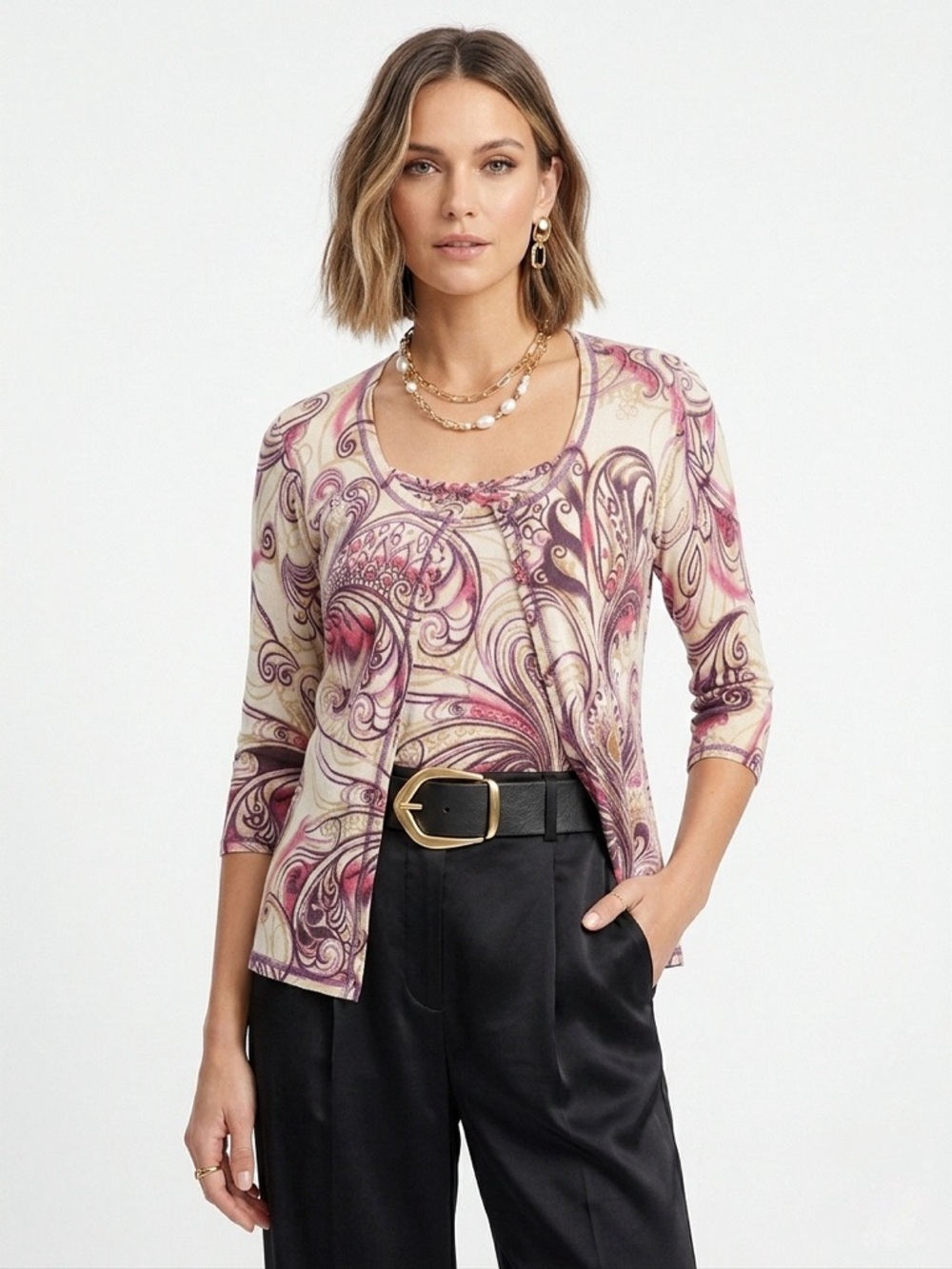ESCADA SPORT Paisley Print Button Cardigan & Scoop Twin Tank Set - Small